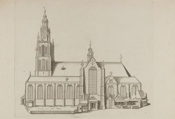 Kopergravure van de Laurenskerk omstreeks 1600