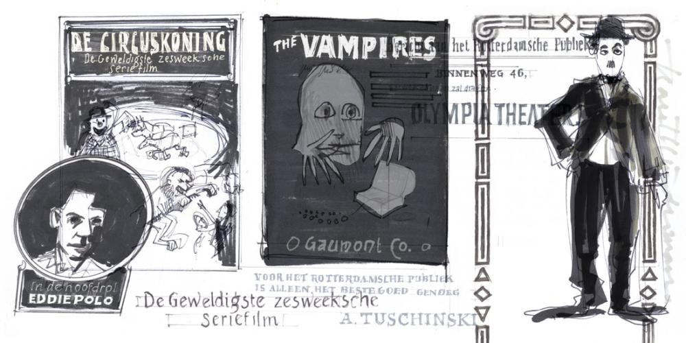 tekening van verschillende posters van films die toen draaiden
