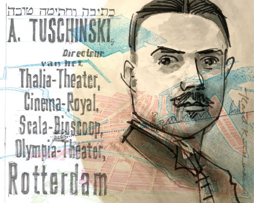 affiche met een tekening van het portret van Tuschinksi