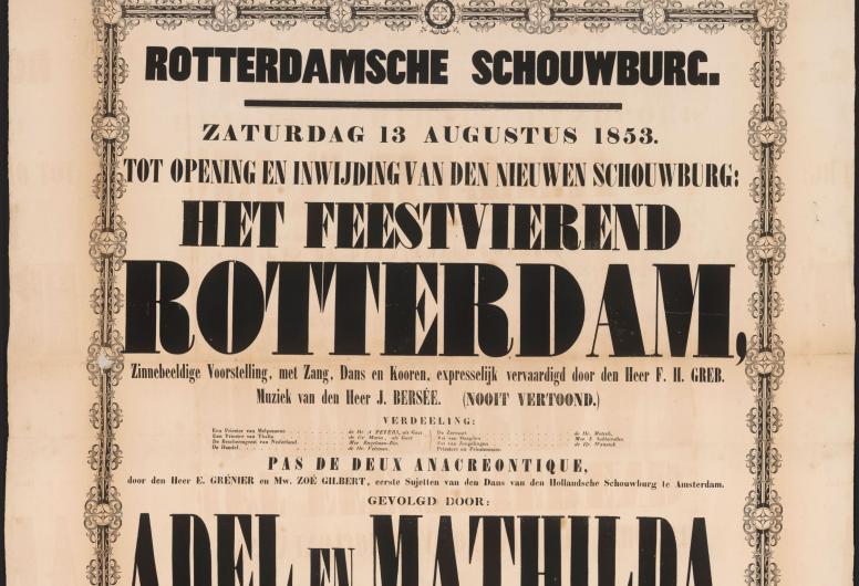 Affiche van de Rotterdamse Schouwburg uit 1853