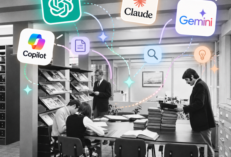 Zwart wit foto van medewerkers in een archiefruimte aangevuld met logo's van bekende llm ai in kleur