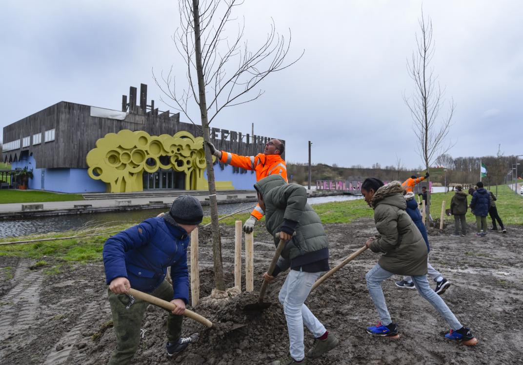 Kleurenfoto van scholieren die een boom planten in Hoogvliet tijdens Boomfeestdag 2019