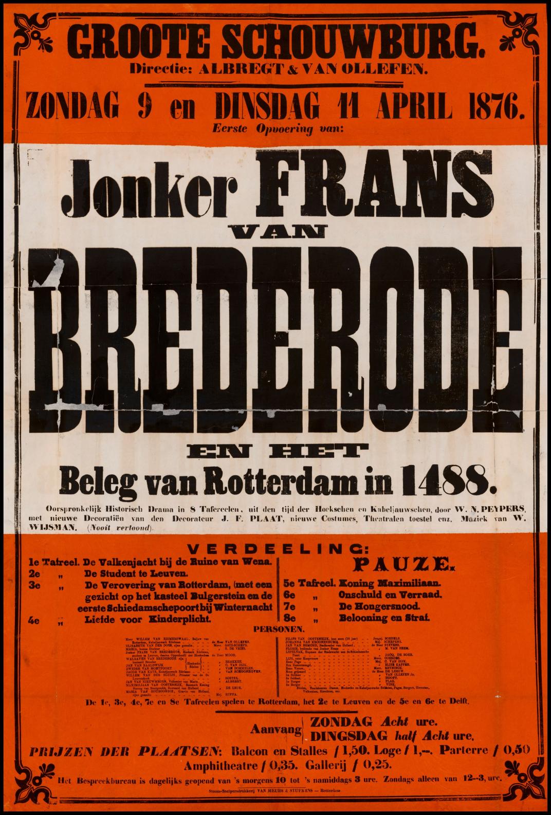 Affiche voor de voorstelling Jonker Frans van Brederode in 1876.