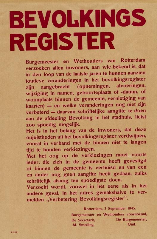 Pamflet met een oproep aan inwoners om het bevolkingsregister aan te vullen 