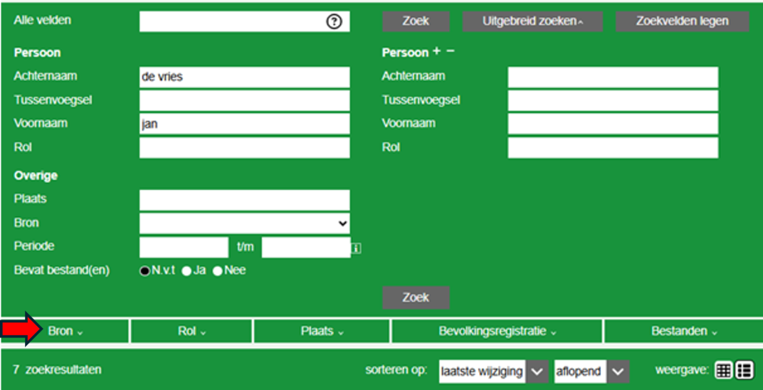 Screenshot van zoek resultaten formulier 