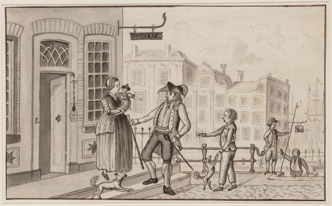 Deze tekening komt uit de collectie van Stadsarchief Amsterdam en toont notaris Christiaan van Orsoij staand voor zijn huis. Om hem heen zijn nog vijf andere personen en twee honden afgebeeld.