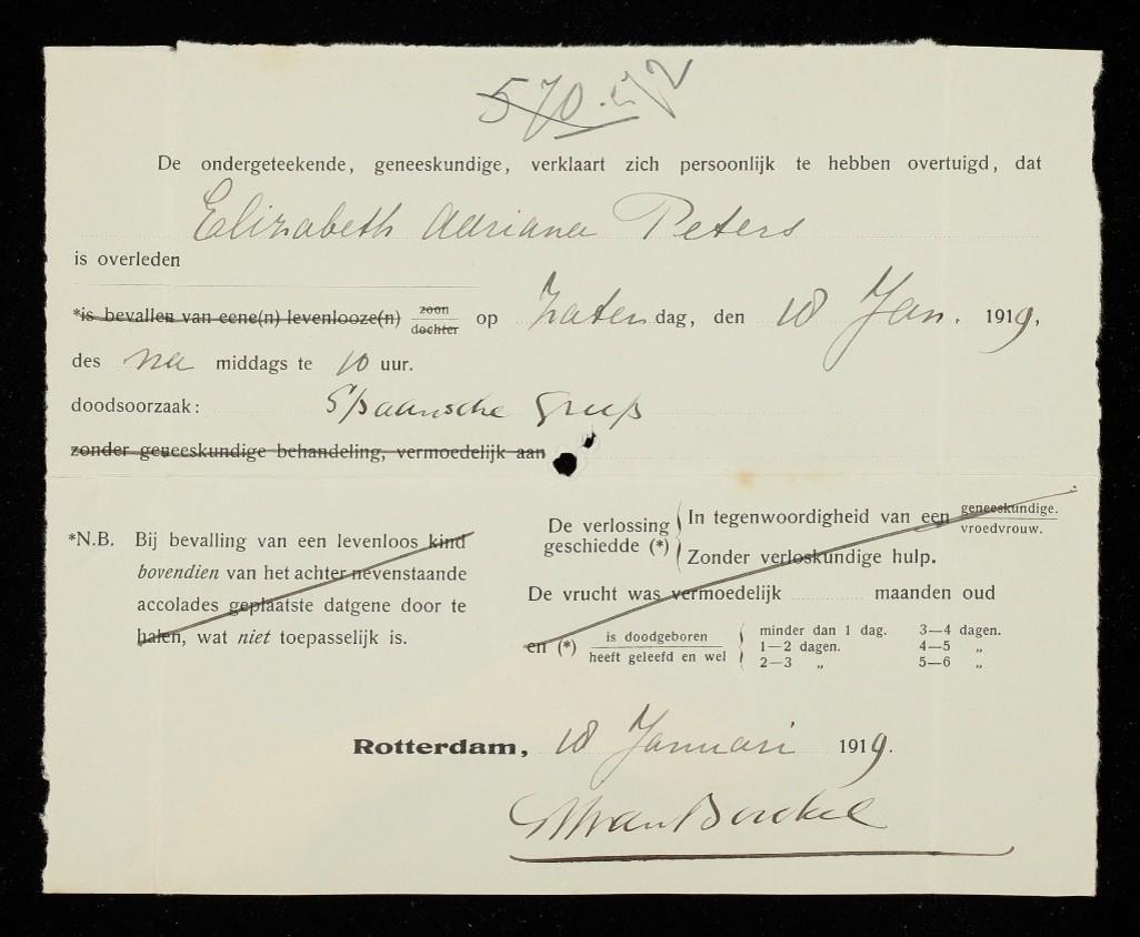 'Doodsbriefje' van Elizabeth Adriana Peters 18-1-1919