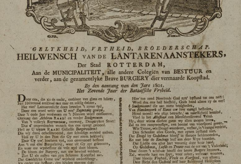 Nieuwjaarswensen van de Lantaarnaanstekers. Links: Heilwensen in gelijkheid, vrijheid en broederschap van de Lantaarnaanstekers van Rotterdam bij de aanvang van het zevende jaar van de Bataafse vrijheid, 1801