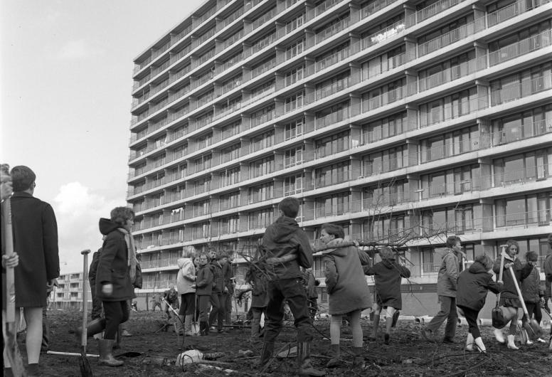Zwart-witfoto van scholieren die bomen planten voor een flatgebouw 1968.