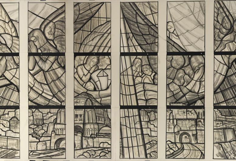 Karton Glas-in-lood ontwerp van engelen boven hemels Jeruzalem.