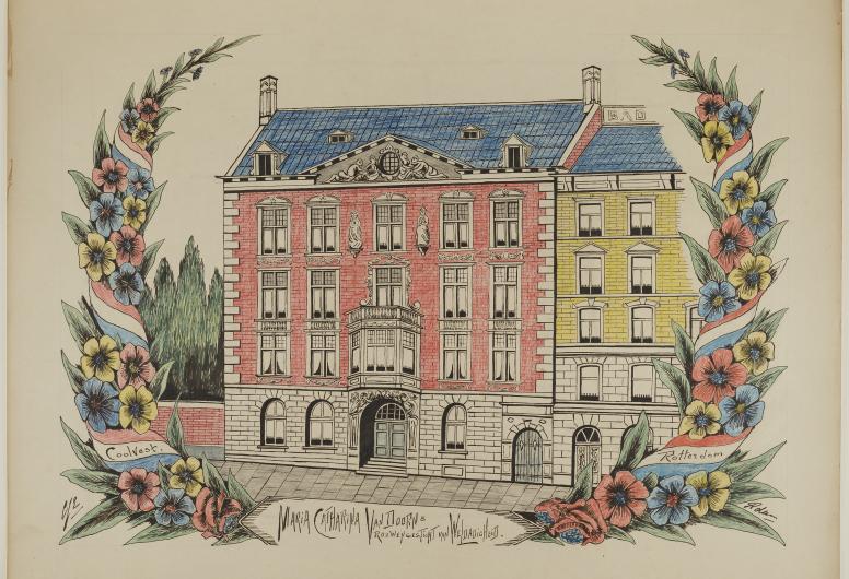 Het Maria Catharina van Doorens Vrouwengesticht van Weldadigheid aan de westzijde van het Coolvest.