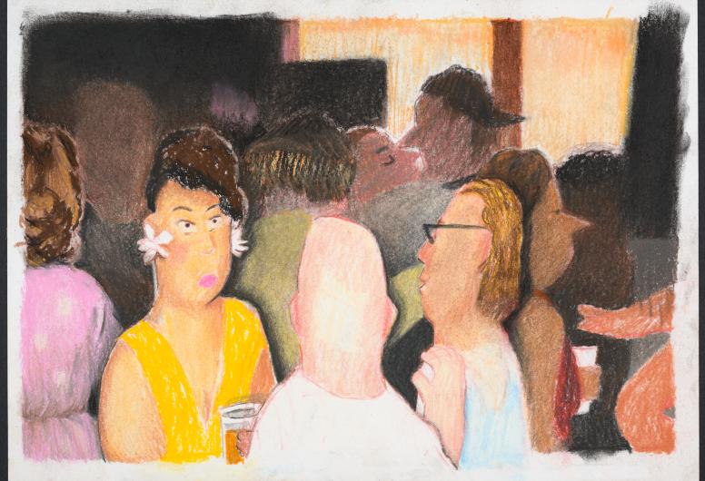 kleurentekening van een scene in een druk bar of cafe