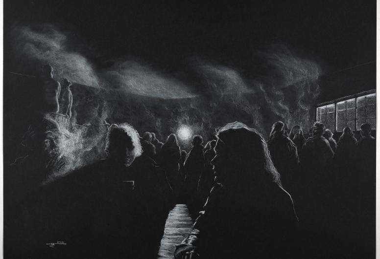Zwartwit tekening van mensen zittend in een donkere ruimte met rook in de lucht