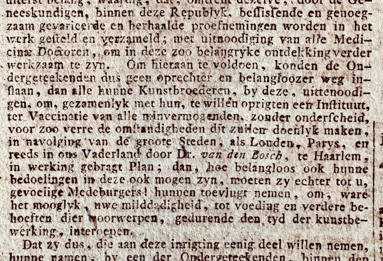 Brief uit de Rotterdamsche Courant van 23 april 1801 waarin L. Davids en vier anderen de oprichting van het Genootschap aankondigen