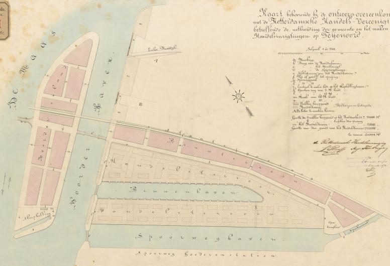 Kaart van het eiland Feijenoord en bijbehorende havens, behorende bij de ontwerpovereenkomst met de Rotterdamsche Handelsvereeniging betreffende de uitbreiding van de gemeente en het maken van handelsinrichtingen op Fijenoord. 1872. NL-RtSA_4014_G-61 Col