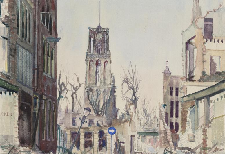 Tekening gemaakt kort na het bombardement van 14 mei 1940. De Bierstraat met op de achtergrond de Laurenstoren. Collectie Prenten en Tekeningen. NL-RtSA_4080_IX-224