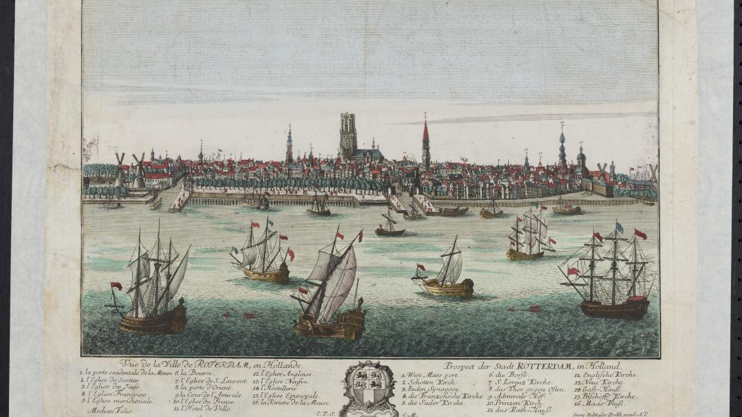 Prenttekening van het gezicht op de stad over de Nieuwe Maas