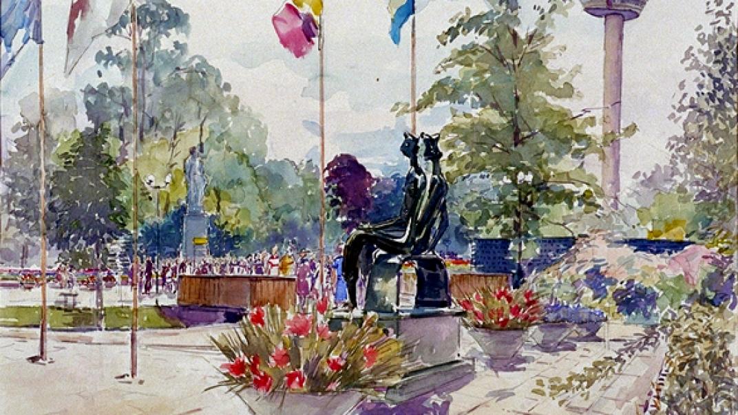 Prent van de Floriade van 25 maart - 25 september 1960. Ingang Koningshof met de beelden van Henri Moore.