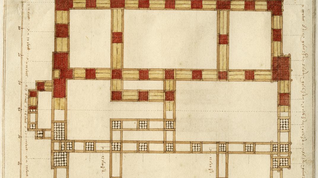 Bouwtekening van het Schielandshuis. Uitgevoerd in de kleuren geel, rood en zwart. De tekening is gemaakt door Jakob Kortebrant in 1739. Het onderwerp van de tekening is de fundering.