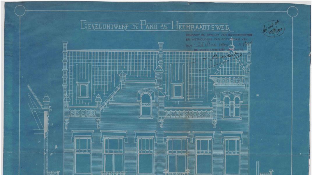 Een getekende voorgevel in een bouwdossier, gebruikt als knop: direct naar de database met Rotterdamse bouwdossiers'